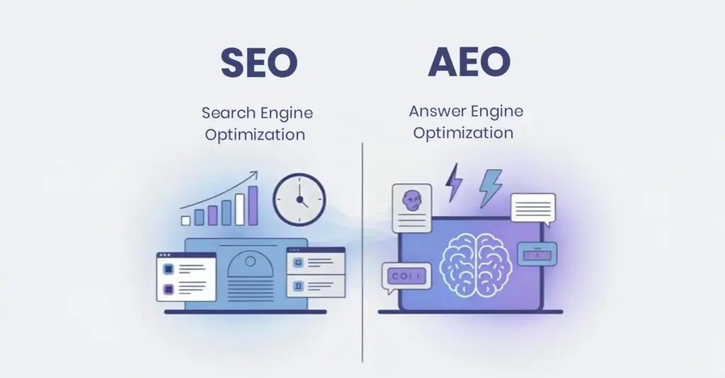 Comparison between SEO and Answer Engine Optimization (AEO) showing how AI is changing search in 2026