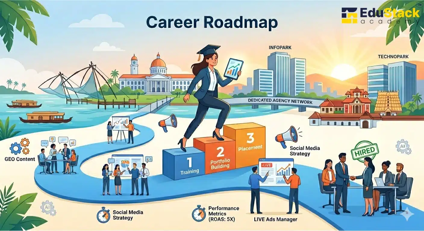 Infographic of a digital marketing career roadmap in Kerala, showing stages from training and portfolio building to final placement in Infopark and Technopark.