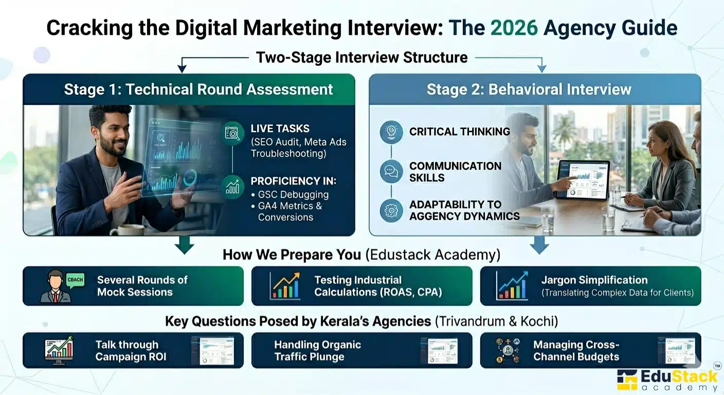 Infographic outlining the digital marketing interview process, including technical rounds, behavioral questions, and preparation strategies for 2026 agency roles.
