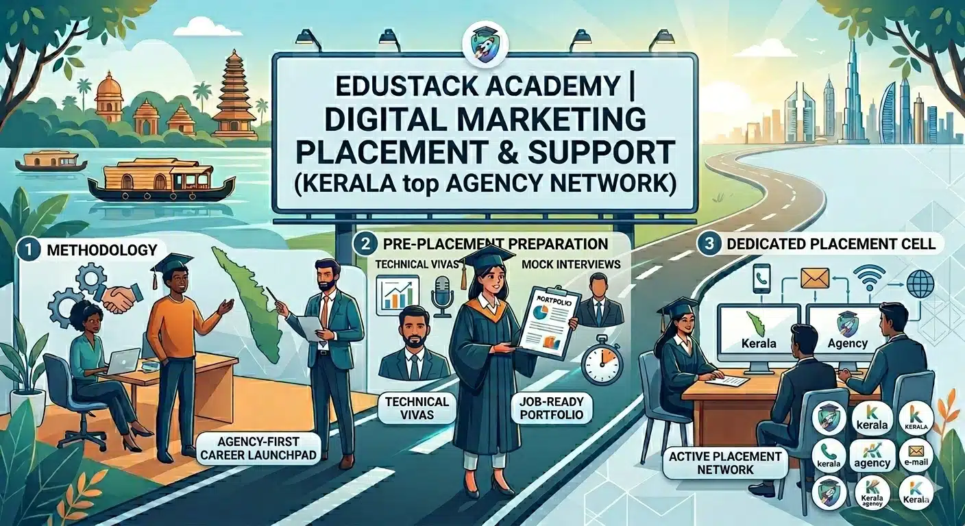 An infographic detailing Edustack Academy's Digital Marketing Placement and Support methodology in Kerala. The graphic illustrates a three-step journey from 'Methodology' (including agency-first training and Kerala map), to 'Pre-Placement Preparation' (technical vivas and mock interviews with a graduate), and finally to 'Dedicated Placement Cell' (active placement network with a group interview and Kerala top agency network logos). The background features classic Kerala elements on the left leading to a modern city on the right.