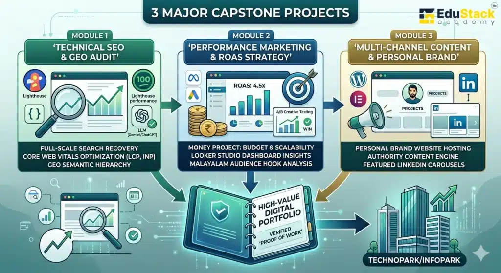 Infographic detailing 3 digital marketing portfolio projects including technical SEO audits, ROAS-driven performance marketing campaigns, and personal branding strategies to help freshers get hired.