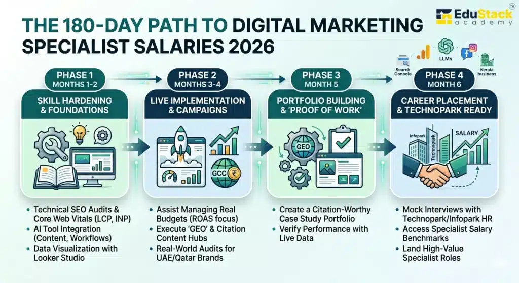 A 4-phase flowchart detailing the 180-day digital marketing specialist internship path from technical SEO skill hardening to portfolio proof and career placement in Kerala's Technopark.