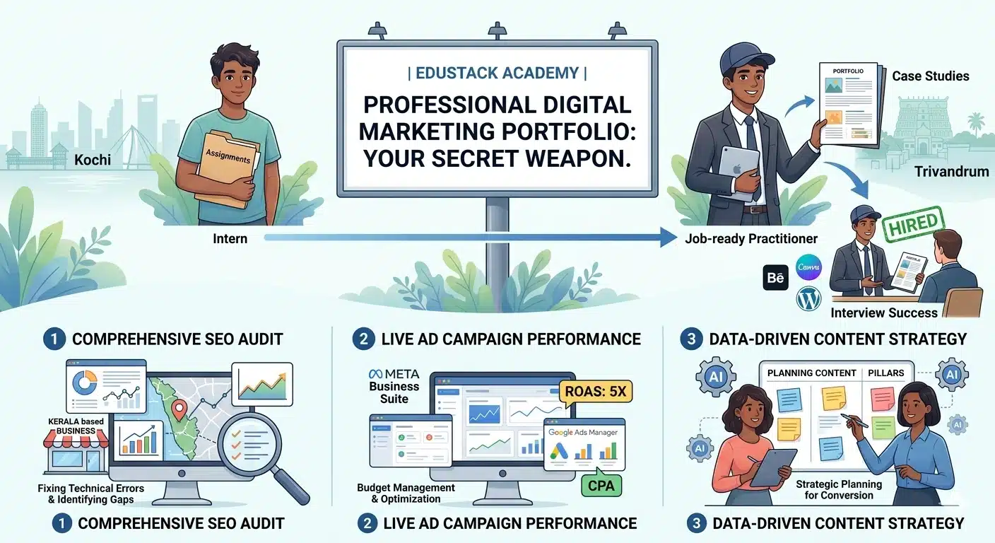 Infographic showing the transformation from intern to job-ready professional through a Professional Digital Marketing Portfolio including SEO audits, ad campaign metrics, and content strategy.