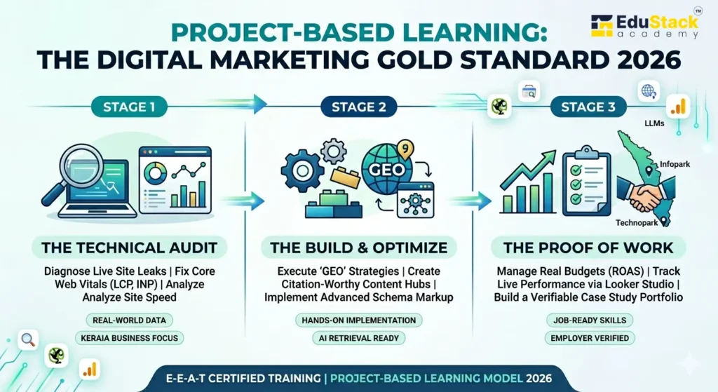 A three-stage infographic illustrating a model project-based learning in digital marketing, showing the transition from technical auditing to GEO strategy and portfolio verification.